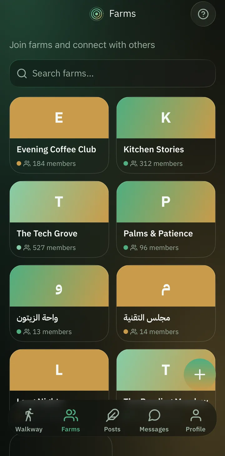 The farms grid in Nooda: communities with names, members, and temperaments